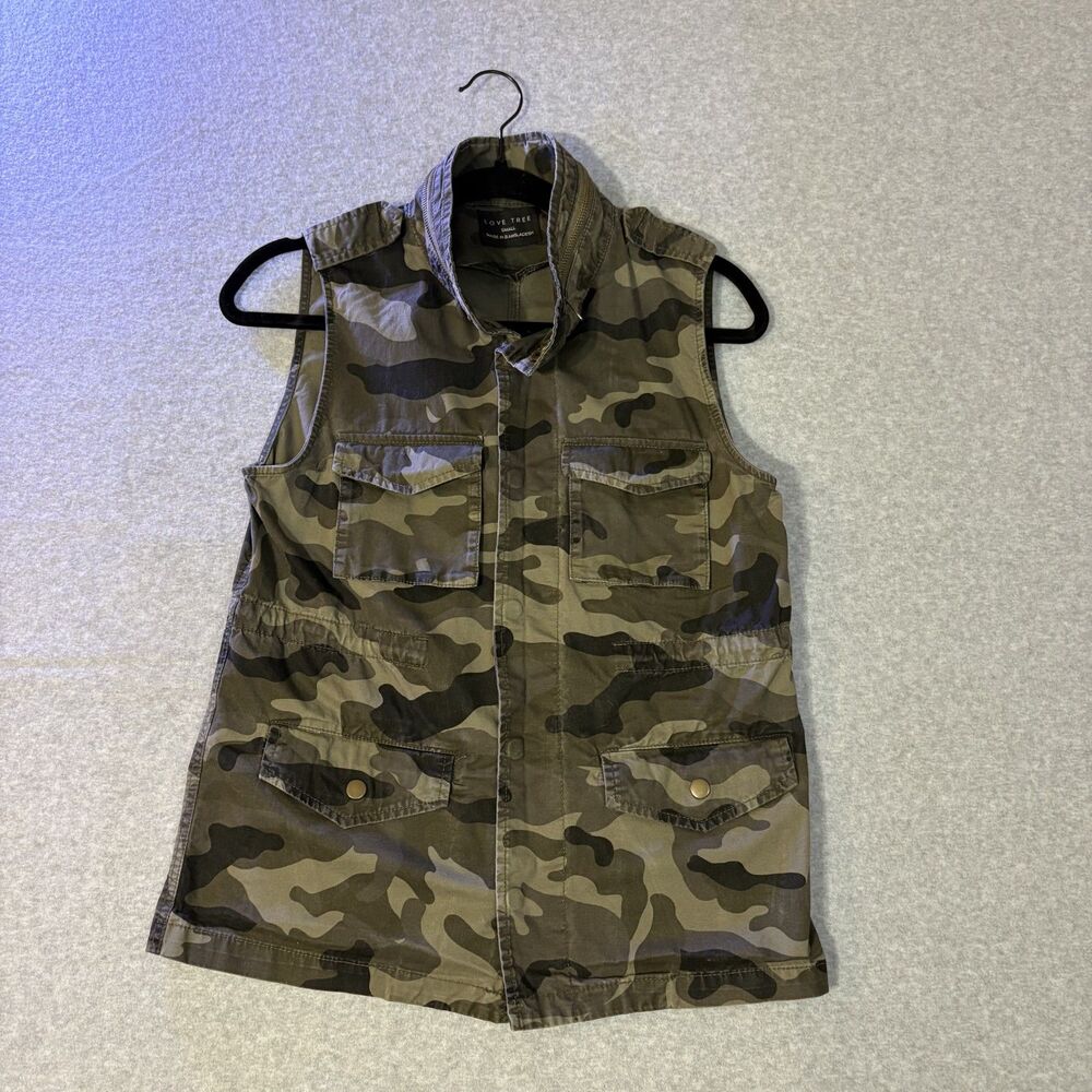 Love Tree Women's S Camo Utility Vest Y2K Military Cargo Zip Snap Pockets